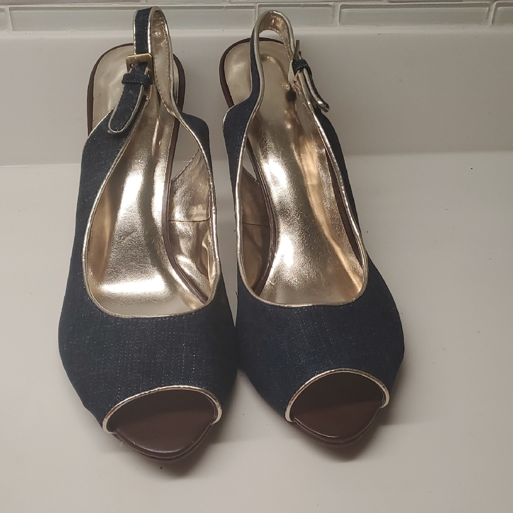 Avon Dark Blue Peep-Toe Slingback Heels. Size 10. 3in Heel. Never Worn.